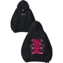Urbvn Eyez On Tasarım Baskılı Oversize Siyah Kapüşonlu Sweatshirt