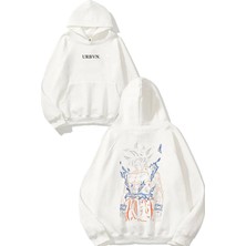 Urbvn Anime Dövüşçü Çocuk Tasarım Baskılı Oversize Beyaz Kapüşonlu Sweatshirt