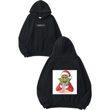 Urbvn Grinch Noel Tasarım Baskılı Oversize Siyah Kapüşonlu Sweatshirt