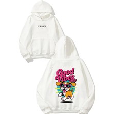 Urbvn Good Vibe Dog Tasarım Baskılı Oversize Beyaz Kapüşonlu Sweatshirt