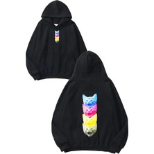 Urbvn Cat Faces Tasarım Baskılı Oversize Siyah Kapüşonlu Sweatshirt