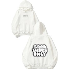 Urbvn Good Only Tasarım Baskılı Oversize Beyaz Kapüşonlu Sweatshirt