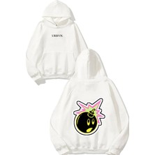 Urbvn Bomb Sticker Tasarım Baskılı Oversize Beyaz Kapüşonlu Sweatshirt
