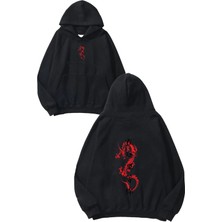 Urbvn China Drago Tasarım Baskılı Oversize Siyah Kapüşonlu Sweatshirt