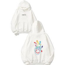 Urbvn Love Heart Tasarım Baskılı Oversize Beyaz Kapüşonlu Sweatshirt