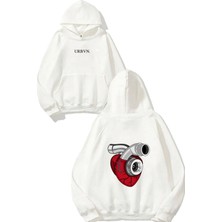Urbvn Mekanik Kalp Tasarım Baskılı Oversize Beyaz Kapüşonlu Sweatshirt