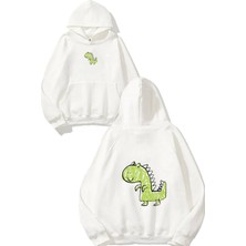 Urbvn Dinasour Draw Tasarım Baskılı Oversize Beyaz Kapüşonlu Sweatshirt