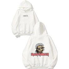 Urbvn Iron Maiden Face Tasarım Baskılı Oversize Beyaz Kapüşonlu Sweatshirt