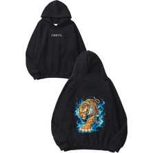 Urbvn Fire Tiger Tasarım Baskılı Oversize Siyah Kapüşonlu Sweatshirt