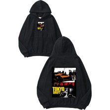 Urbvn Tokyo Car Tasarım Baskılı Oversize Siyah Kapüşonlu Sweatshirt
