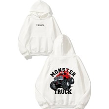 Urbvn Red Monster Truck Tasarım Baskılı Oversize Beyaz Kapüşonlu Sweatshirt