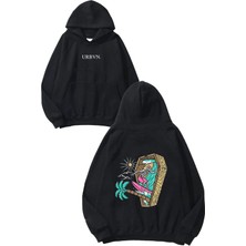 Urbvn Surfing Skull Tasarım Baskılı Oversize Siyah Kapüşonlu Sweatshirt