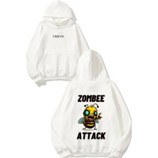 Urbvn Zombie Attack Tasarım Baskılı Oversize Beyaz Kapüşonlu Sweatshirt
