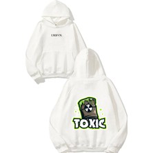 Urbvn Toxic Sprey Tasarım Baskılı Oversize Beyaz Kapüşonlu Sweatshirt