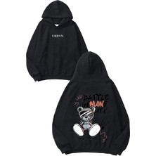 Urbvn Battle Tasarım Baskılı Oversize Siyah Kapüşonlu Sweatshirt