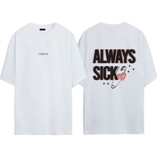 Urbvn Always Sick Tasarım Baskılı Beyaz Oversize T-Shirt