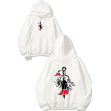 Urbvn Samurai Gun Tasarım Baskılı Oversize Beyaz Kapüşonlu Sweatshirt