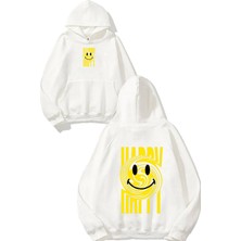 Urbvn Smiles 3 Tasarım Baskılı Oversize Beyaz Kapüşonlu Sweatshirt