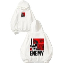 Urbvn Enemy Tasarım Baskılı Oversize Beyaz Kapüşonlu Sweatshirt