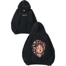 Urbvn Mushroom Girl Tasarım Baskılı Oversize Siyah Kapüşonlu Sweatshirt
