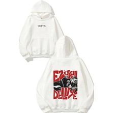 Urbvn Deluxe Tasarım Baskılı Oversize Beyaz Kapüşonlu Sweatshirt