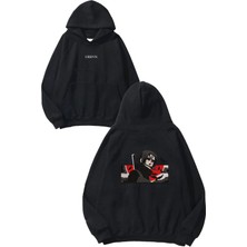 Urbvn Anime Kırmızı Tasarım Baskılı Oversize Siyah Kapüşonlu Sweatshirt