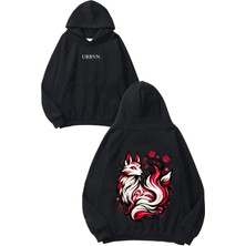 Urbvn Chinese Fox Tasarım Baskılı Oversize Siyah Kapüşonlu Sweatshirt
