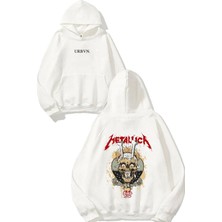 Urbvn Metallica Iskelet Tasarım Baskılı Oversize Beyaz Kapüşonlu Sweatshirt