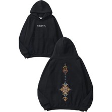 Urbvn Etnik Desen Kahverengi Tasarım Baskılı Oversize Siyah Kapüşonlu Sweatshirt