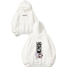 Urbvn One Piece Kafa Tasarım Baskılı Oversize Beyaz Kapüşonlu Sweatshirt