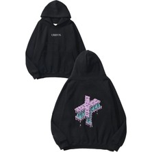 Urbvn x Tasarım Baskılı Oversize Siyah Kapüşonlu Sweatshirt