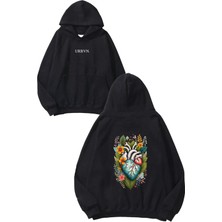 Urbvn Flower Heart Tasarım Baskılı Oversize Siyah Kapüşonlu Sweatshirt