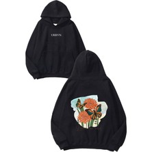 Urbvn Wild Tasarım Baskılı Oversize Siyah Kapüşonlu Sweatshirt