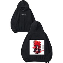 Urbvn Anime Samurai Tasarım Baskılı Oversize Siyah Kapüşonlu Sweatshirt
