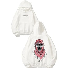 Urbvn Şal Kurukafa Tasarım Baskılı Oversize Beyaz Kapüşonlu Sweatshirt