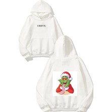 Urbvn Grinch Noel Tasarım Baskılı Oversize Beyaz Kapüşonlu Sweatshirt