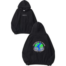 Urbvn The World Tasarım Baskılı Oversize Siyah Kapüşonlu Sweatshirt
