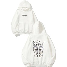 Urbvn Pink Floyd Faces Tasarım Baskılı Oversize Beyaz Kapüşonlu Sweatshirt