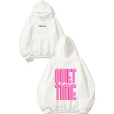 Urbvn Quiet Time Tasarım Baskılı Oversize Beyaz Kapüşonlu Sweatshirt