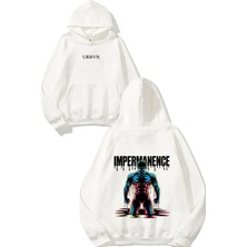 Urbvn Impermanence Tasarım Baskılı Oversize Beyaz Kapüşonlu Sweatshirt