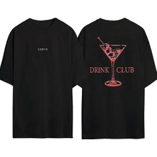 Urbvn Drink Club Tasarım Baskılı Siyah Oversize T Shirt
