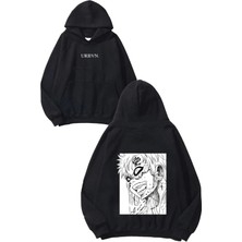 Urbvn White Anime Tasarım Baskılı Oversize Siyah Kapüşonlu Sweatshirt