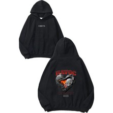 Urbvn Rock Heart Tasarım Baskılı Oversize Siyah Kapüşonlu Sweatshirt