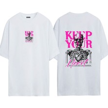 Urbvn Keep Your Heart 1 Tasarım Baskılı Beyaz Oversize T Shirt