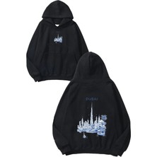 Urbvn Dubai Vie Tasarım Baskılı Oversize Siyah Kapüşonlu Sweatshirt