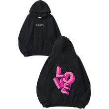 Urbvn Love Is All You Need Tasarım Baskılı Oversize Siyah Kapüşonlu Sweatshirt