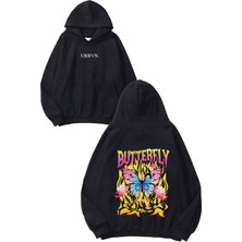 Urbvn Butterfly Flame Tasarım Baskılı Oversize Siyah Kapüşonlu Sweatshirt