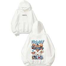 Urbvn Franky Tasarım Baskılı Oversize Beyaz Kapüşonlu Sweatshirt
