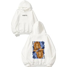 Urbvn King Leon Tasarım Baskılı Oversize Beyaz Kapüşonlu Sweatshirt