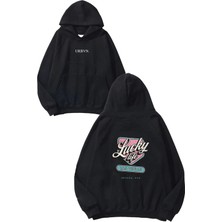 Urbvn Lucky Tasarım Baskılı Oversize Siyah Kapüşonlu Sweatshirt